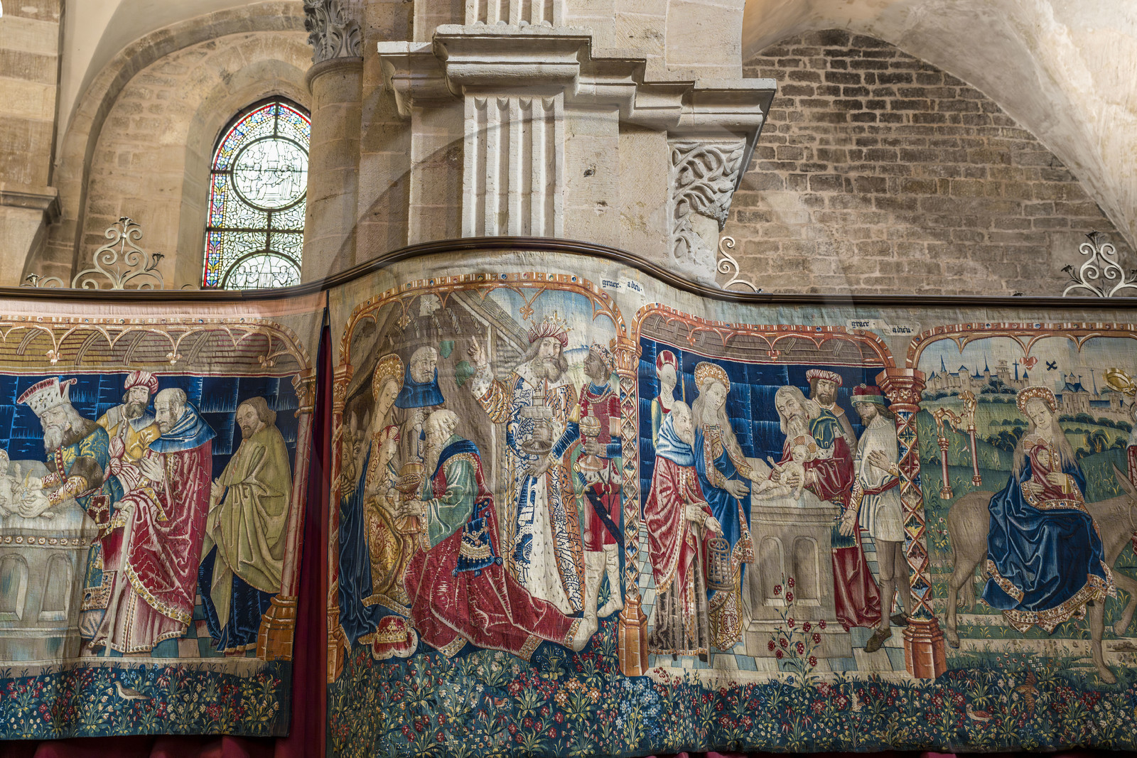 France, Cote d'Or, Climats terroirs of Burgundy, listed as World Heritage by UNESCO, Beaune, collégiale Notre-Dame de Beaune basilica, 15th century Tournai tapestries attributed to the Flemish painter Pierre Spicre depicting scenes from the life of the Virgin Mary, the adoration of the Magi and the presentation in the Temple