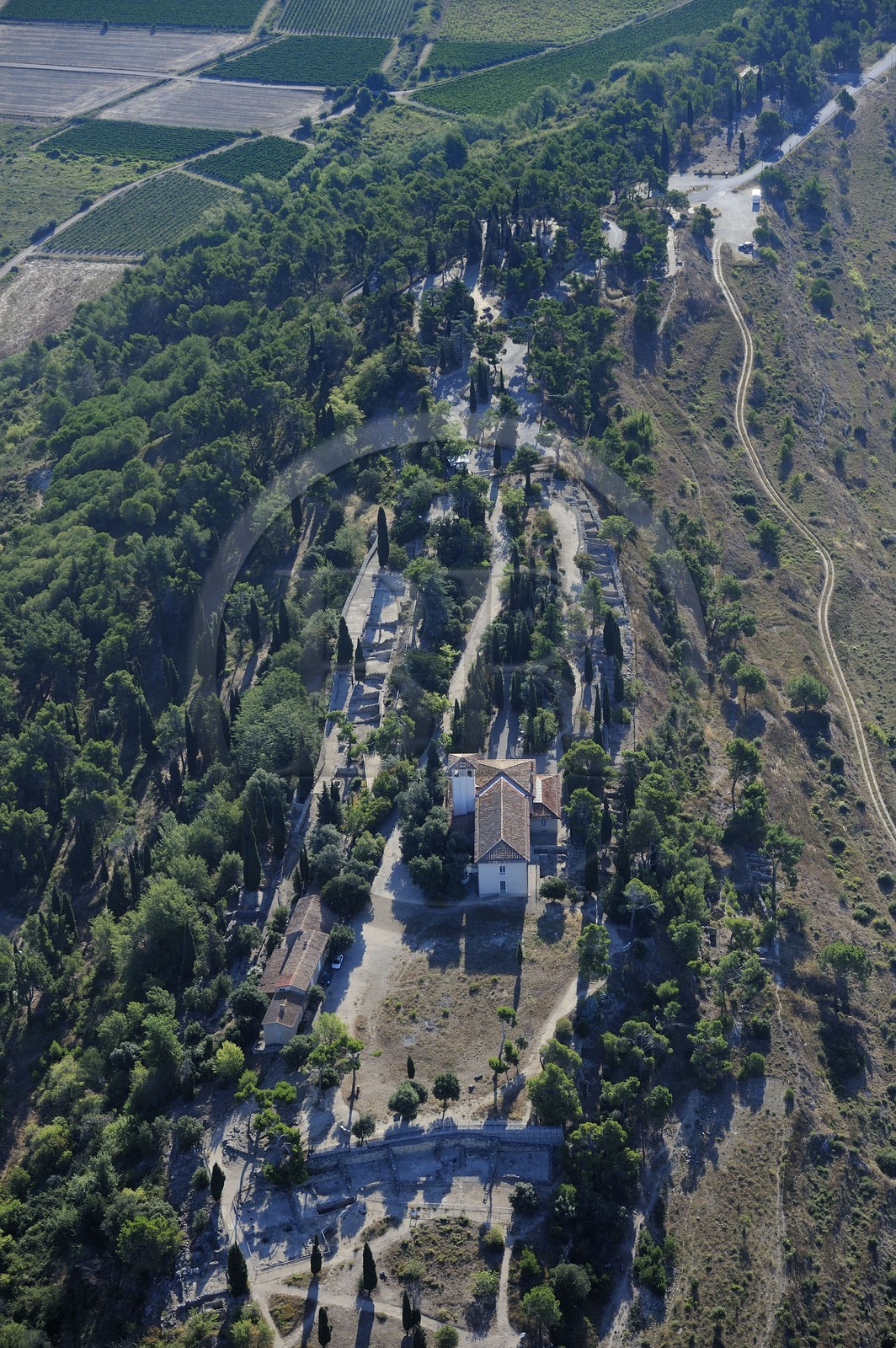 France, Herault, Nissan-lez-Enserune, the Oppidum d'Enserune is an ancient hill-town between the sixth century BC and first century AD (aerial view)