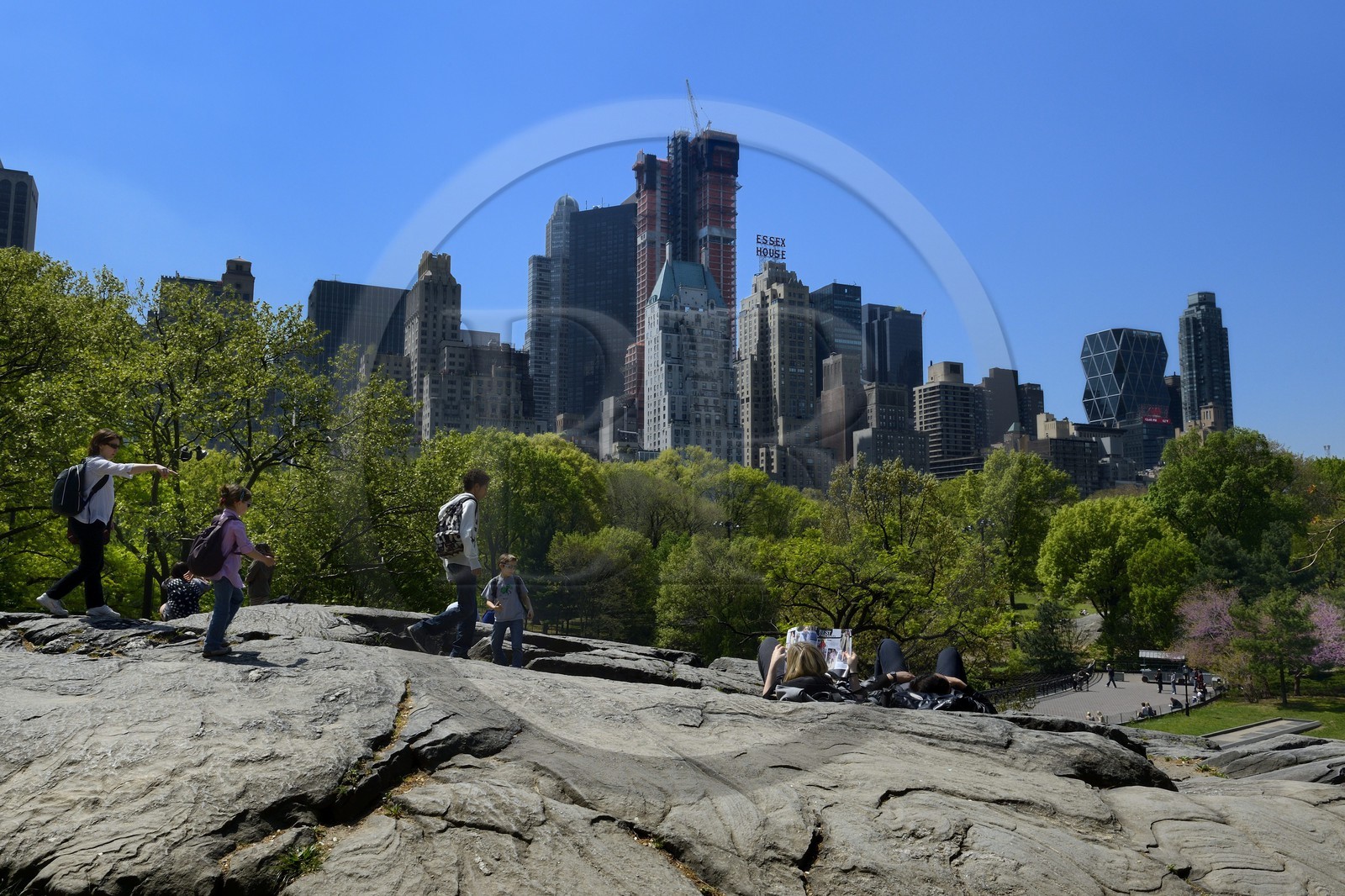 Etats-Unis, New York, Manhattan, Central Park, les rochers près du Pond et les immeubles de Midtown en arrière plan