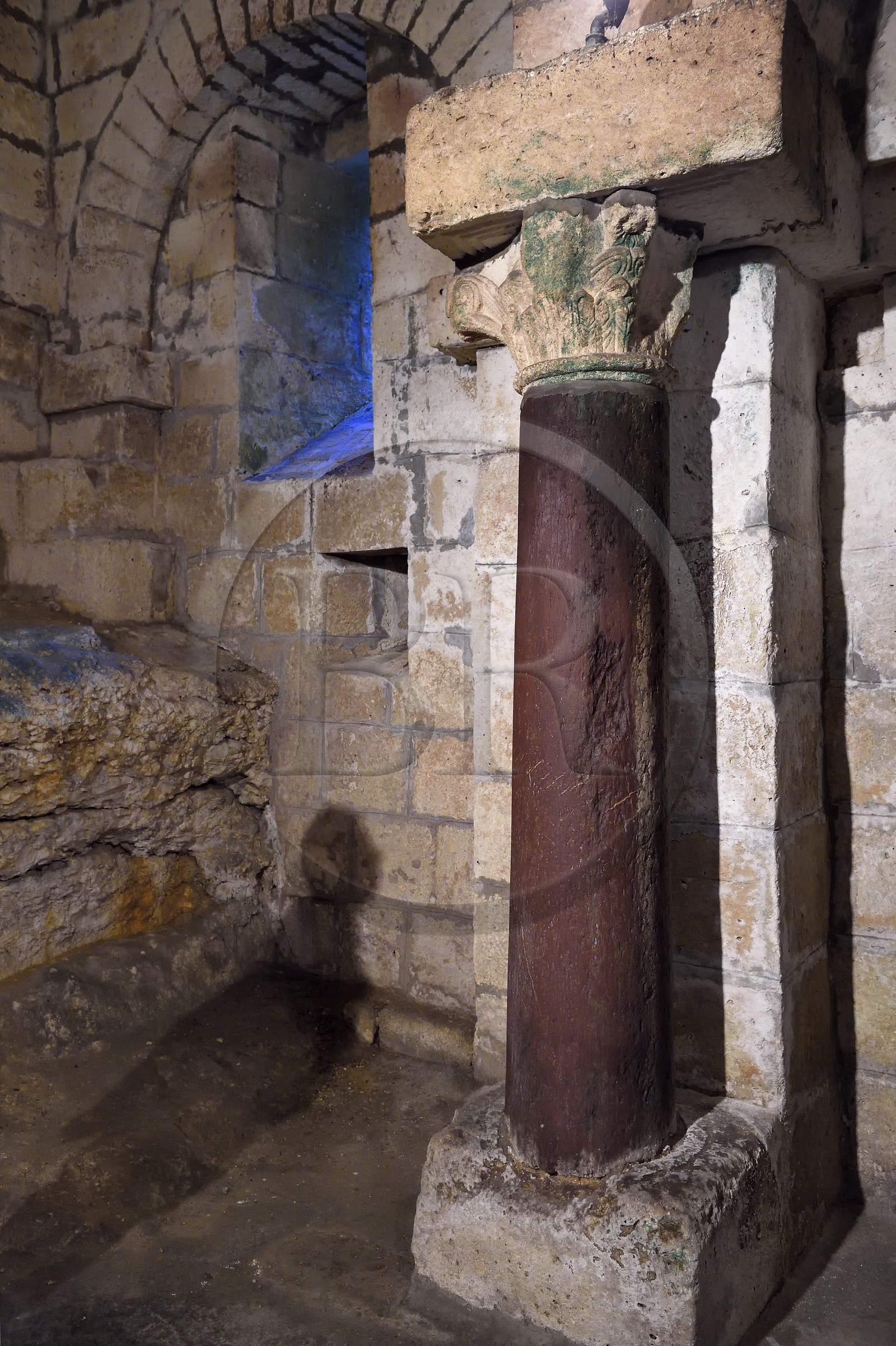 France, Dordogne, Brantome, Saint Pierre benedictine abbey, the bell tower foundations of the abbey church (11th century), certainly the oldest bell tower in France, red marble column from a Gallo-Roman temple built in this place before the abbey construction