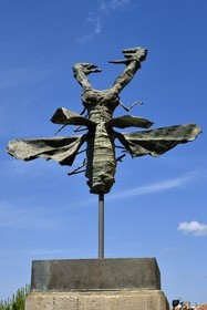 France, Var, the Dracenie, village de Tourtour, labelled Les Plus Beaux Villages de France (The Most Beautiful Villages of France), bronze called Lucane by Bernard Buffet on the esplanade of the town hall