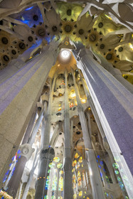 Spain, Catalonia, Barcelona, Eixample district, Sagrada Familia basilica by Catalan modernist architect Antoni Gaudi, listed as a UNESCO World Heritage Site, the presbyterium, a choir reserved for the clergy, and the vault of the ambulatory