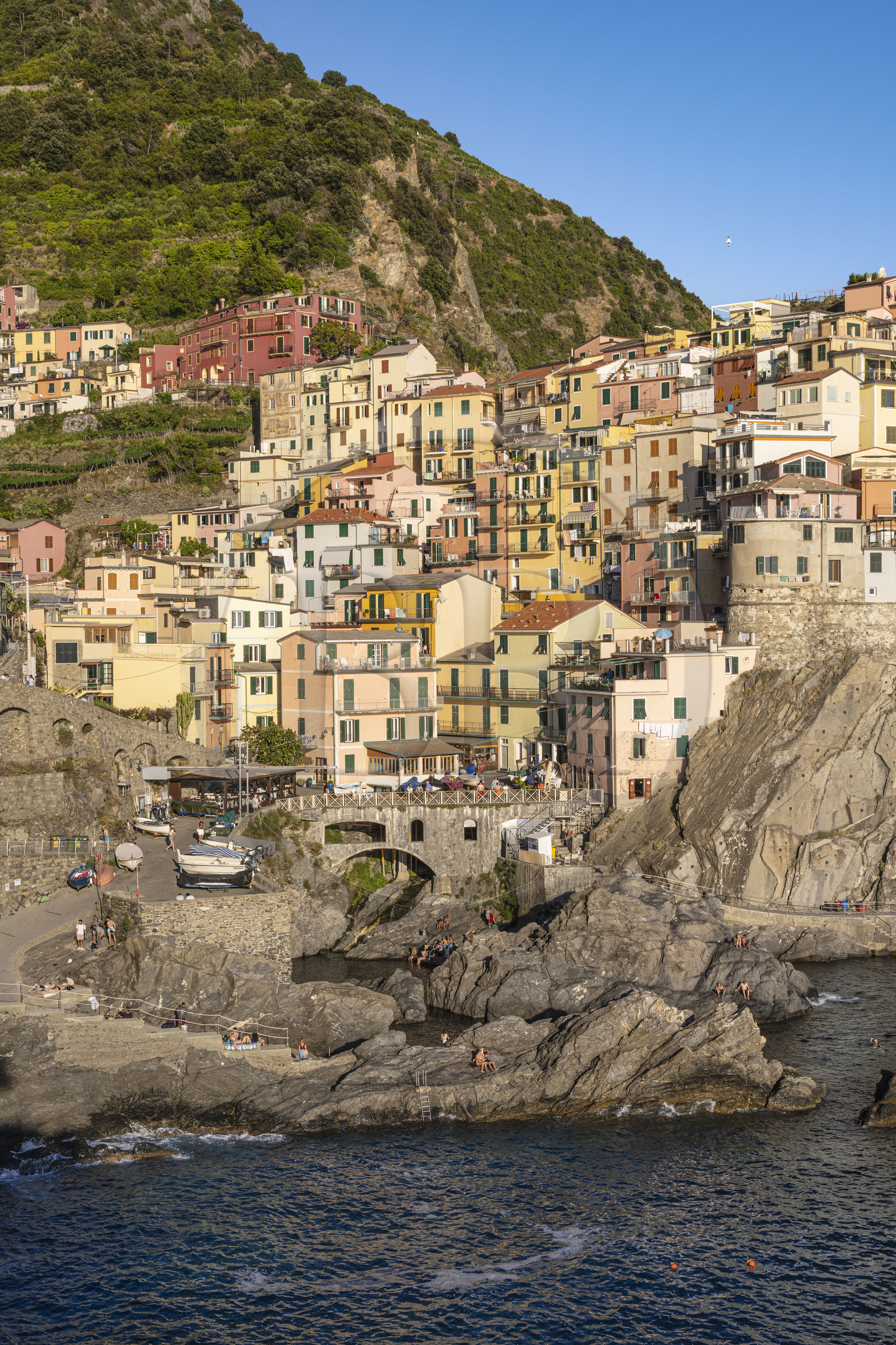 Italie, Ligurie, Cinque Terre, parc national des Cinque Terre classé Patrimoine Mondial de l'UNESCO, village de Manarola et son port