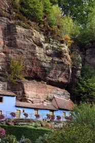 France, Bas Rhin, Parc regional des Vosges du nord (Northern Vosges Regional Natural Park), Eschbourg, Maisons des Rochers (Rocks houses) of Graufthal, semi-troglodytic houses of the 18th century and inhabited until 1958