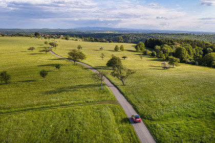 France, Bas Rhin, Parc regional des Vosges du nord (Northern Vosges Regional Natural Park), Eschbourg, the forest road from La Petite Pierre at the exit of the forest, the Vosges massif in the background (aerial view)