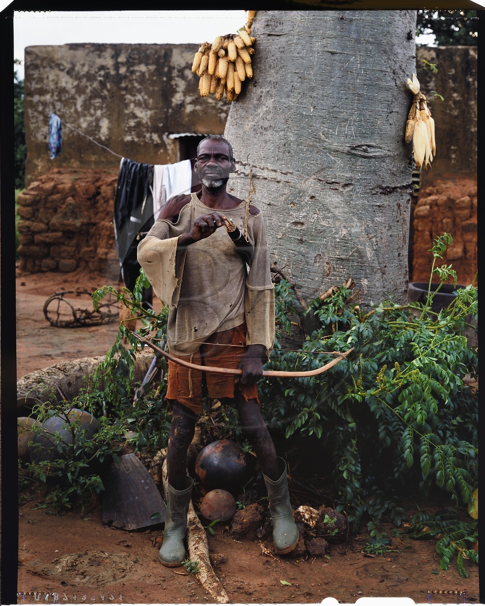 Burkina Faso, province de Poni, pays des Lobi, Loropéni, le vieux Houliéné Kambou, paysan et chasseur, posant avec arc et flèches