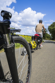 France, Deux-Sèvres (79), le Marais Poitevin, la Venise Verte, Magné, randonnée à bicyclette sur la voie cyclable de la Vélo Francette, vélo avec une remorque transportant le matériel de camping