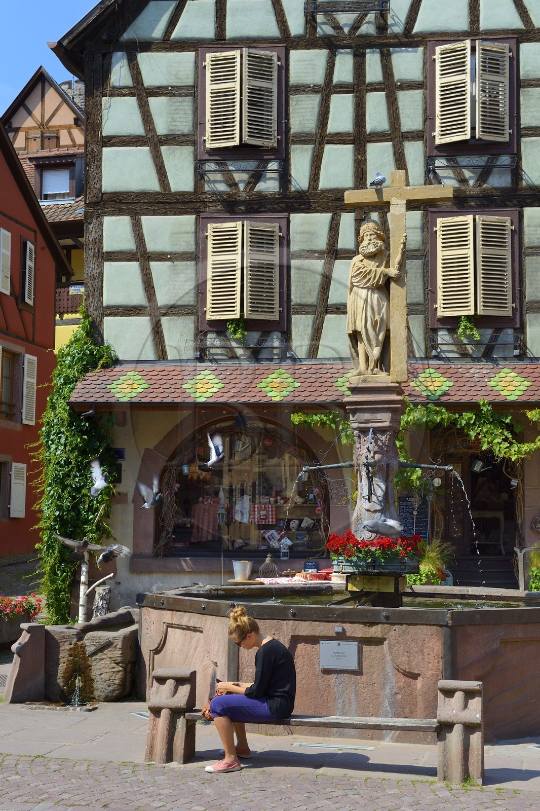 France, Haut Rhin, Kaysersberg, Saint Constantin's fountain (1521) on the Old Market square