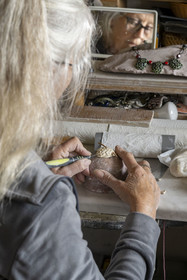 France, Vaucluse, Dentelles de Montmirail mountains, the medieval village of Séguret, labelled Les Plus Beaux Villages de France (The Most Beautiful Villages of France), workshop of Kti Sias who creates ceramic jewelry