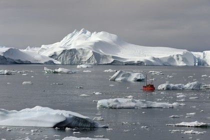 Greenland, west coast, Disko Bay, Ilulissat, icefjord listed as World heritage by UNESCO that is the mouth of the Sermeq Kujalleq Glacier, old fishing boat converted for iceberg discovery and whale watching