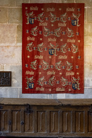 France, Cote d'Or, Beaune, area listed as World Heritage by UNESCO, Hospices de Beaune, Hotel Dieu, the gallant motto “Seule étoile” recalls that the wife Guigone de Salins of Chancellor Nicolas Rolin was the only lady in his thoughts, the star that showed the way to salvation, the first reference nevertheless remains the Virgin Mary