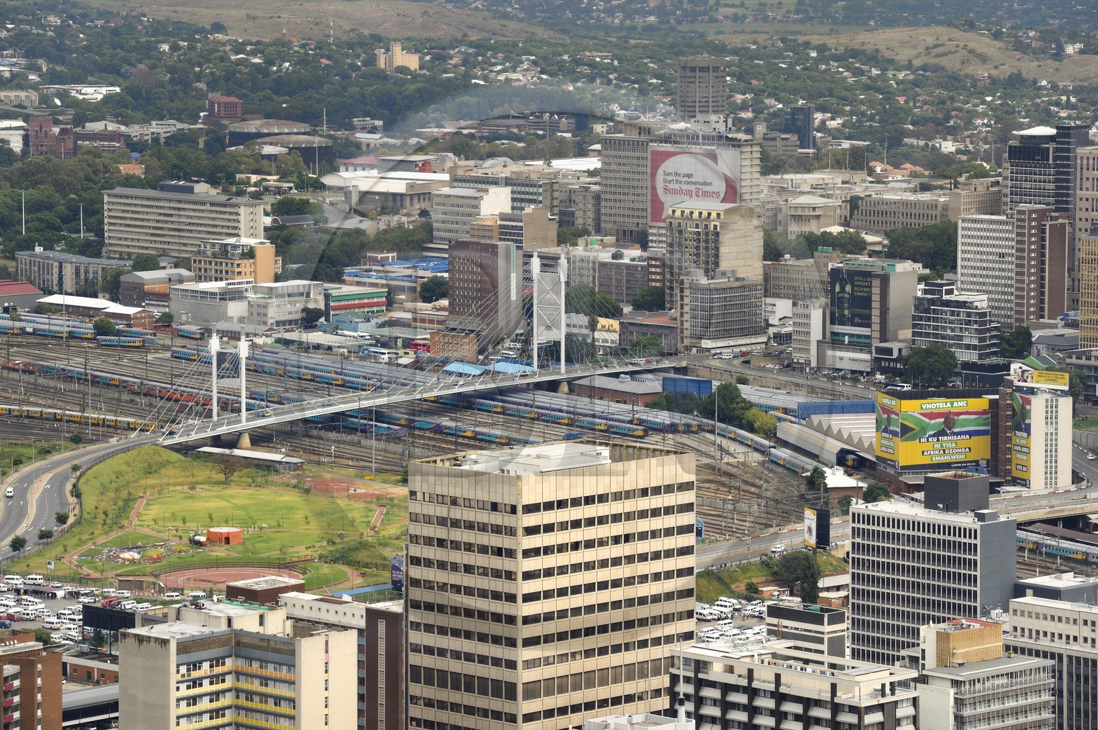South Africa, Gauteng Province, Johannesburg, CBD (Central Business District), downtown view from the Carlton Center tower, the Nelson Mandela Bridge and Braamfontein district in the background