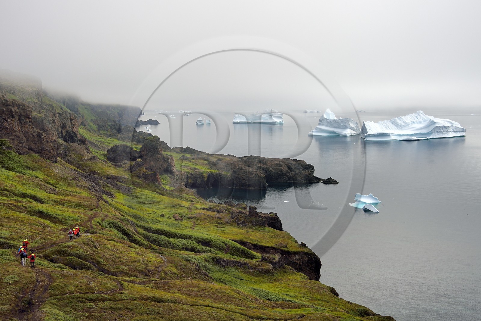 Groenland, cote ouest, Ile de Disko, Qeqertarsuaq, randonneurs sur la côte et icebergs dans la brume en arrière plan