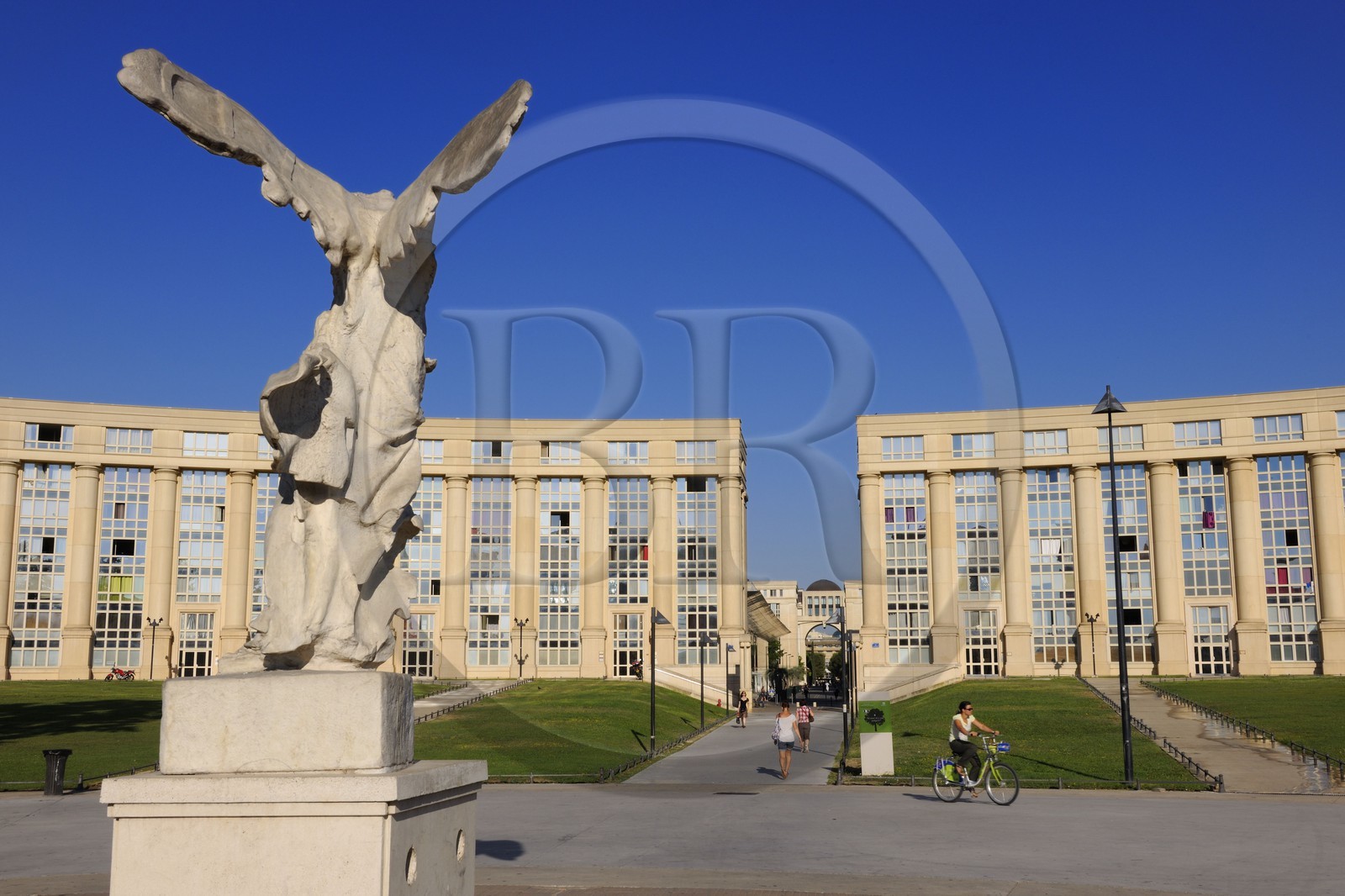France, Herault, Montpellier, Antigone District, Esplanade de l'Europe by the architect Ricardo Bofill and the replica of the Winged Victory of Samothrace also called the Nike of Samothrace