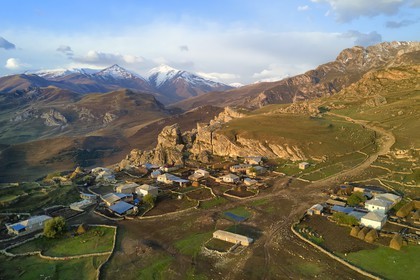 Azerbaijan, Quba (Guba) region, Greater Caucasus mountain range, village of Giriz at dawn (aerial view)