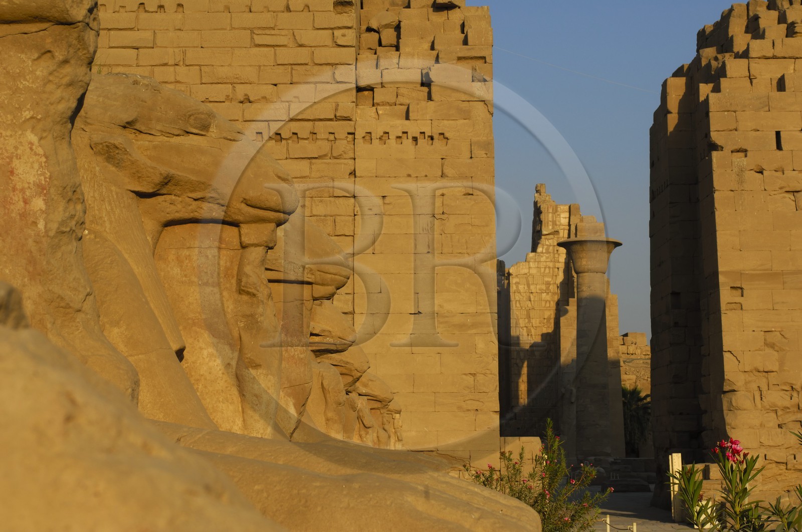 Egypt, Upper Egypt, Nile Valley, Luxor, Karnak Temple listed as World Heritage by UNESCO, avenue of the sphinx and column of Taharqa