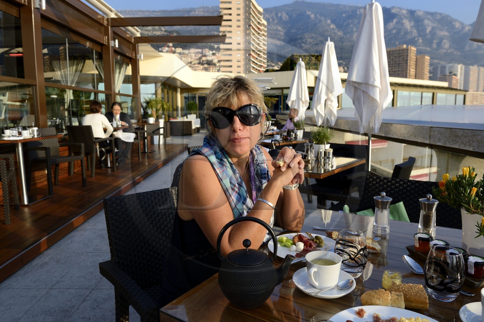 Principality of Monaco, Monaco, Monte-Carlo, breakfast on the terrace from the Fairmont Hotel