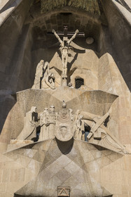 Spain, Catalonia, Barcelona, Eixample district, Sagrada Familia basilica by Catalan modernist architect Antoni Gaudi, listed as a UNESCO World Heritage Site, the passion facade whose sculptures were made by Josep Maria Subirachs, crucifixion and ordeal