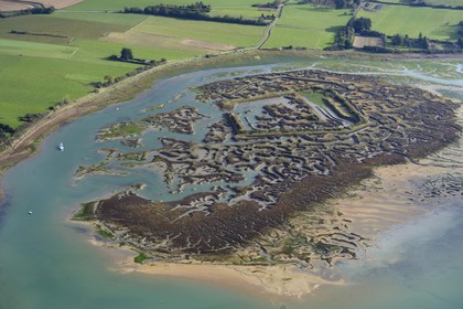 France, Ille et Vilaine, remains of a Viking camp abandoned in 939, the port city called Gardaine has a quadrangular fortified enclosure (aerial view)