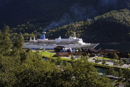 Norway, Western Fjords region, cruise ship at Flam village in Aurland fjord