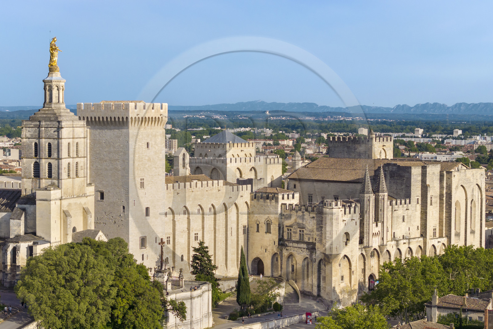 France, Vaucluse, Avignon, the Doms Cathedral and the Palais des Papes (Palace of the Popes) listed as World heritage by UNESCO (aerial view)