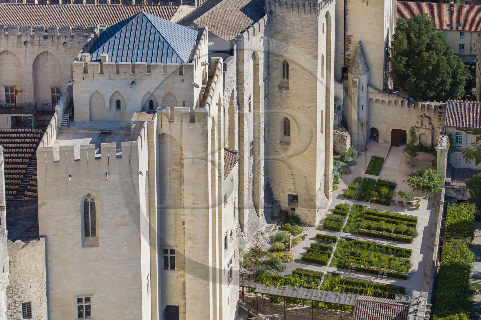 France, Vaucluse, Avignon, Palais des Papes (Palace of the Popes) listed as World heritage by UNESCO, the Wardrobe Tower directly attached to the south of the Tower of Angels or Pope's Tower above the papal garden (aerial view)