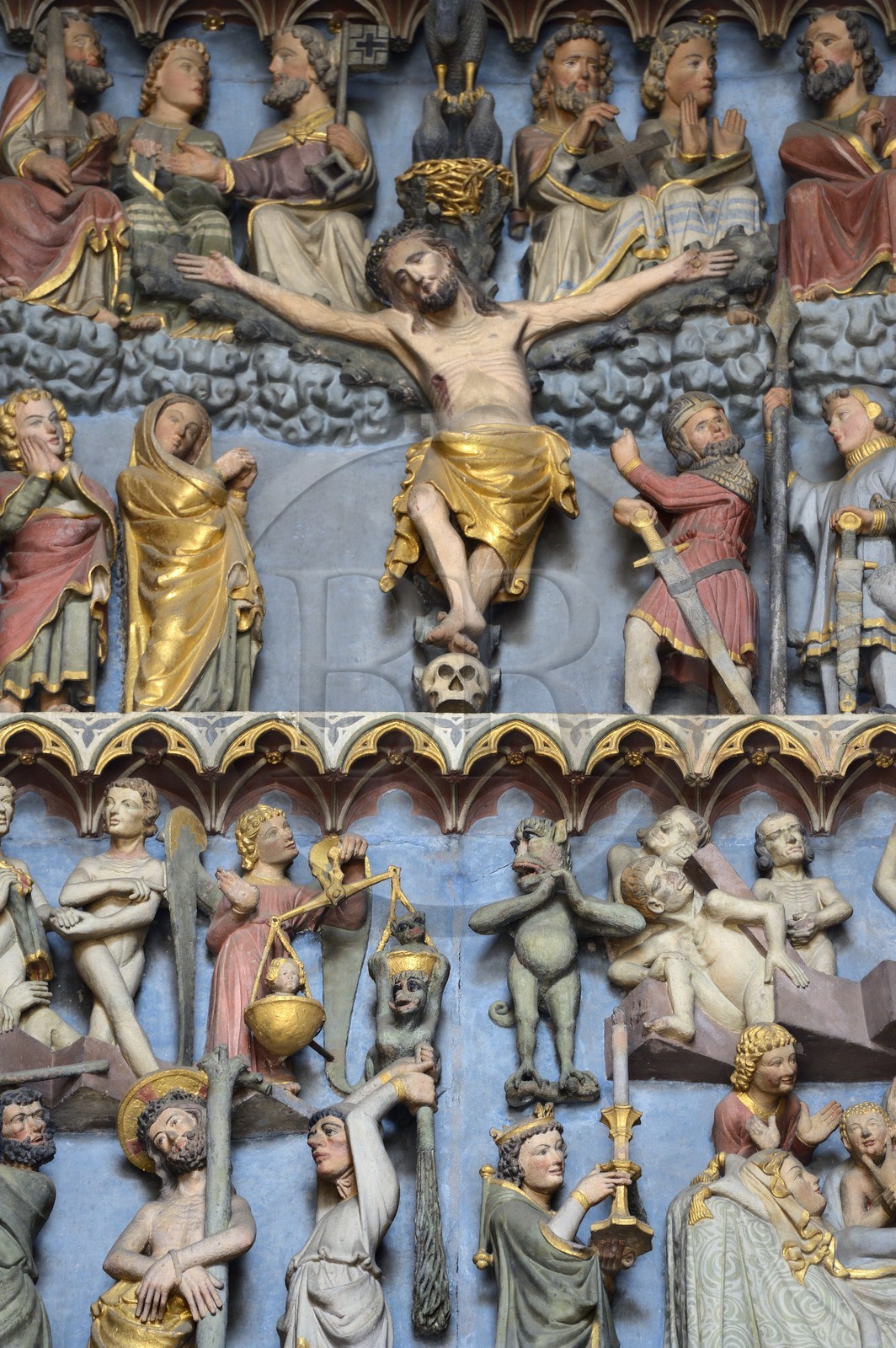 Germany, Baden-Wurttemberg, Freiburg im Breisgau, the portal of the cathedral (Munster), detail showing the devil in prayer (Betender Teufel)