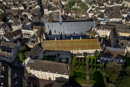 France, Cote d'Or, Beaune, area listed as World Heritage by UNESCO, Hospices de Beaune, Hotel Dieu (aerial view)