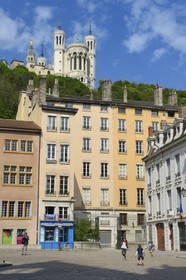 France, Rhone, Lyon, historical site listed as World Heritage by UNESCO, Vieux Lyon (Old Town), in Place St Jean under the Notre Dame de Fourviere Basilica