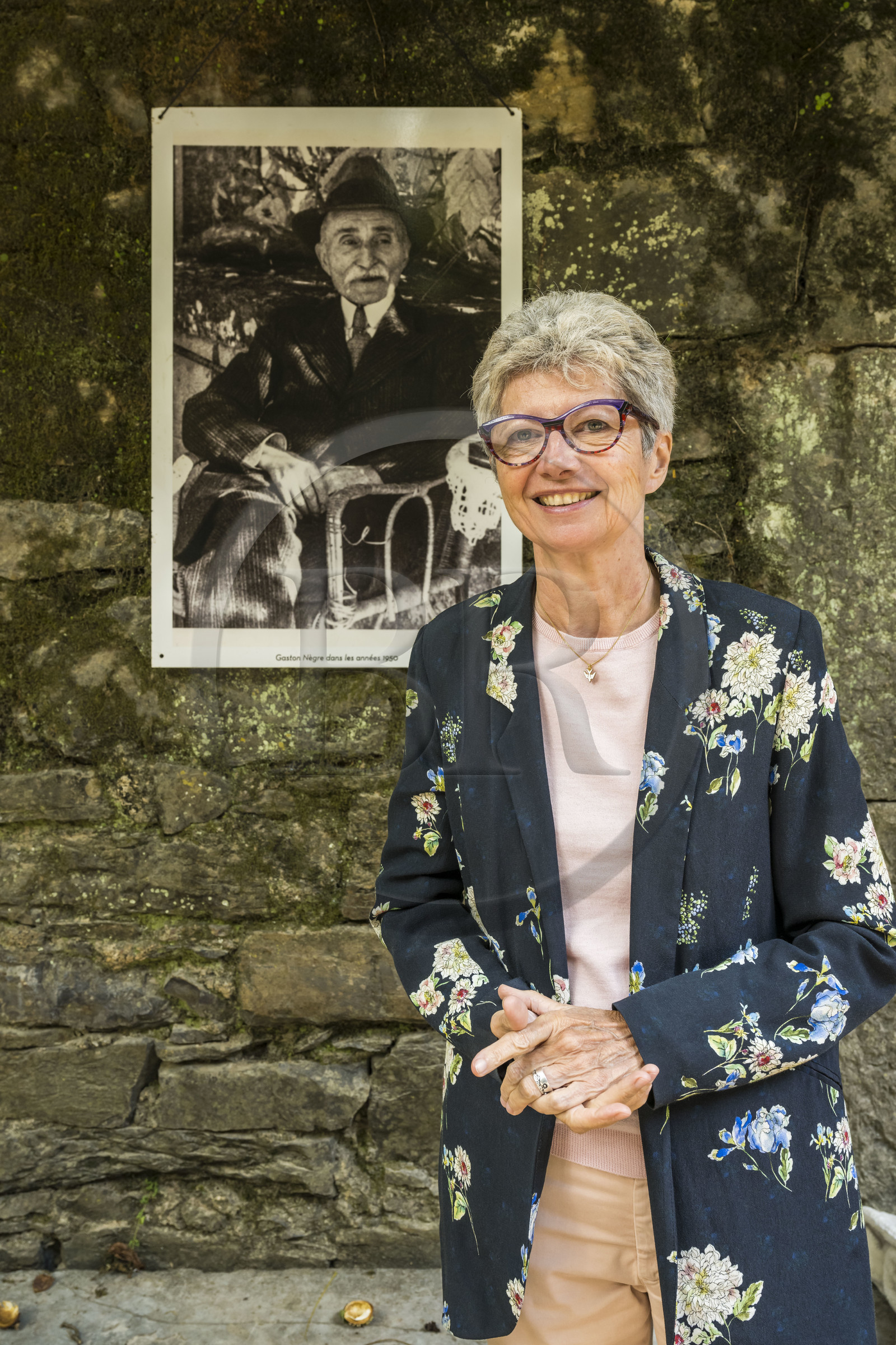 France, Gard, Generargues towards Anduze, Bambouseraie en Cévennes (Bamboo garden), President and Director Muriel Nègre, her grandfather Gaston Nègre in the background is at the origin of the revival of the site in 1902