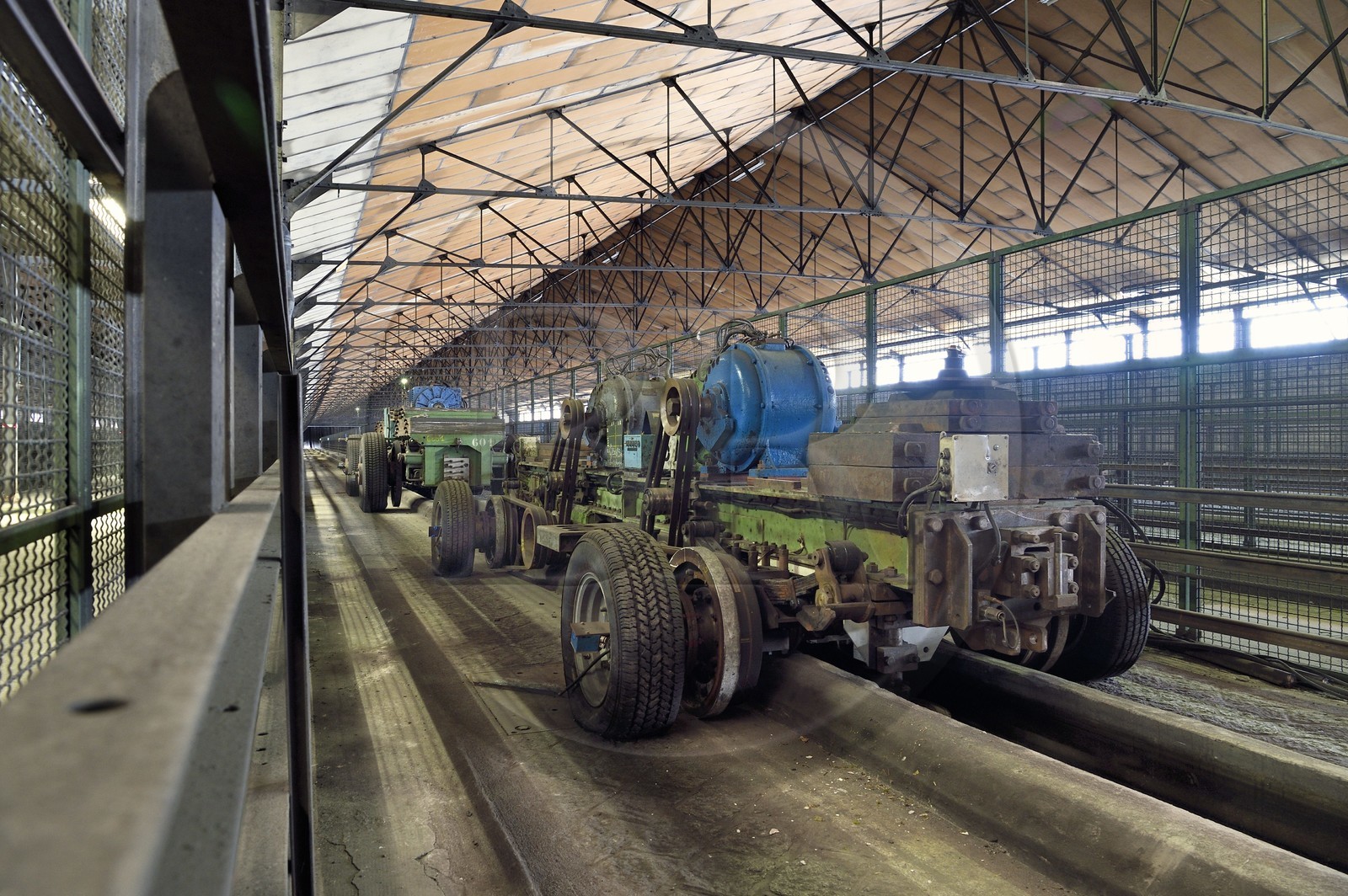 France, Puy de Dome, Clermont Ferrand, Test tracks at the Michelin plant in Cataroux, lead-weighted trolleys went back and forth incessantly to test the tires