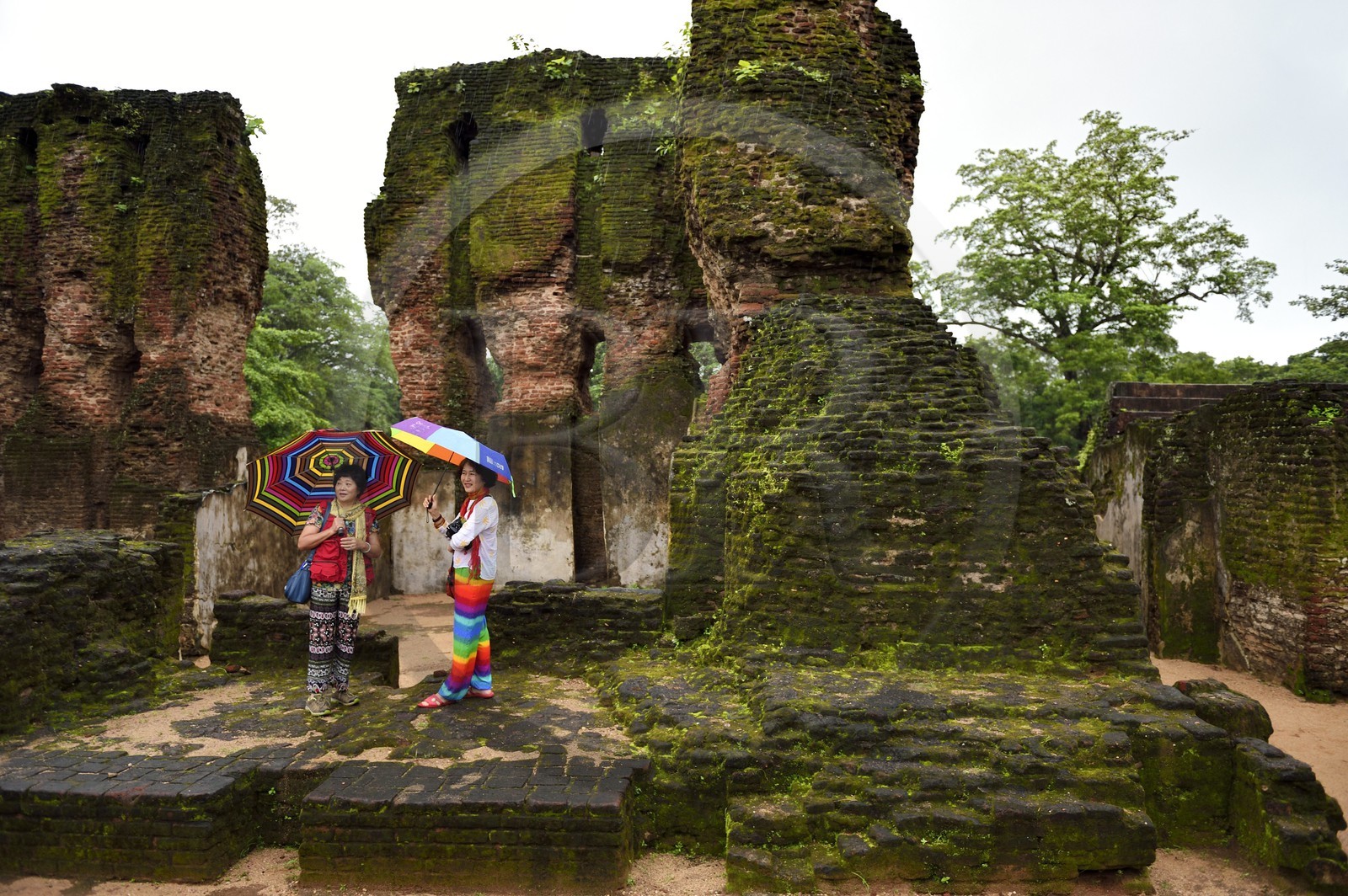 Sri Lanka, province du Centre-Nord, Polonnaruwa, l'ancienne capital du pays (XIe au XIIIe siècle) est classée au Patrimoine Mondial de l'UNESCO, touristes chinoises devant les ruines du Palais Royal