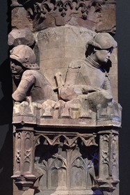 France, Bas Rhin, Strasbourg, Historical Museum of the city of Strasbourg, sculpture of a 16th century house facade representing a crenellated turret defended by two soldiers throwing stones
