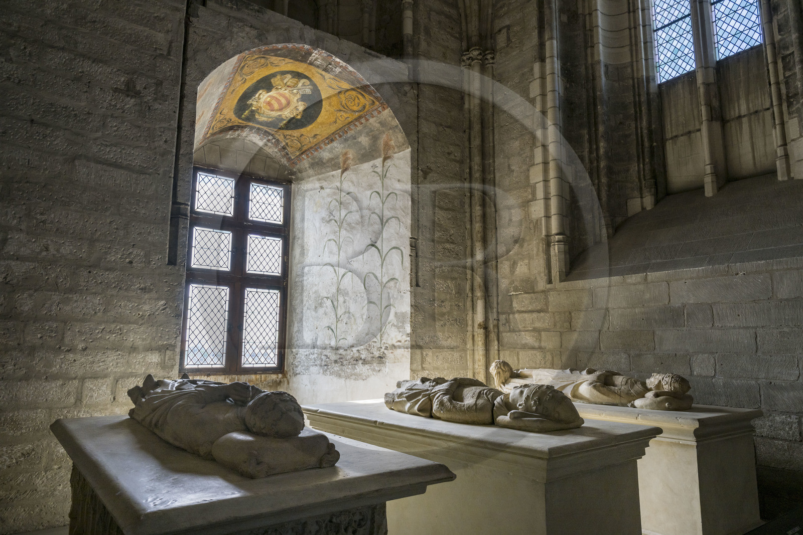 France, Vaucluse, Avignon, Palais des Papes (Palace of the Popes) listed as World heritage by UNESCO, South Sacristy adjoining the Great Chapel, casts representing the recumbent figures of Popes Clement V, Clement VI, Innocent VI and Urban V