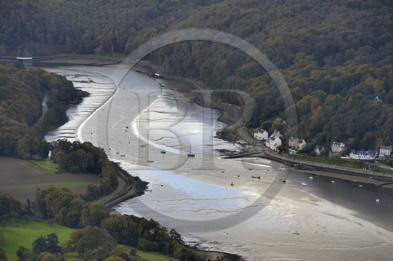 France, Finistere, the river of Morlaix between Locquenole and Lanugy opening onto the Bay of Morlaix (aerial view)