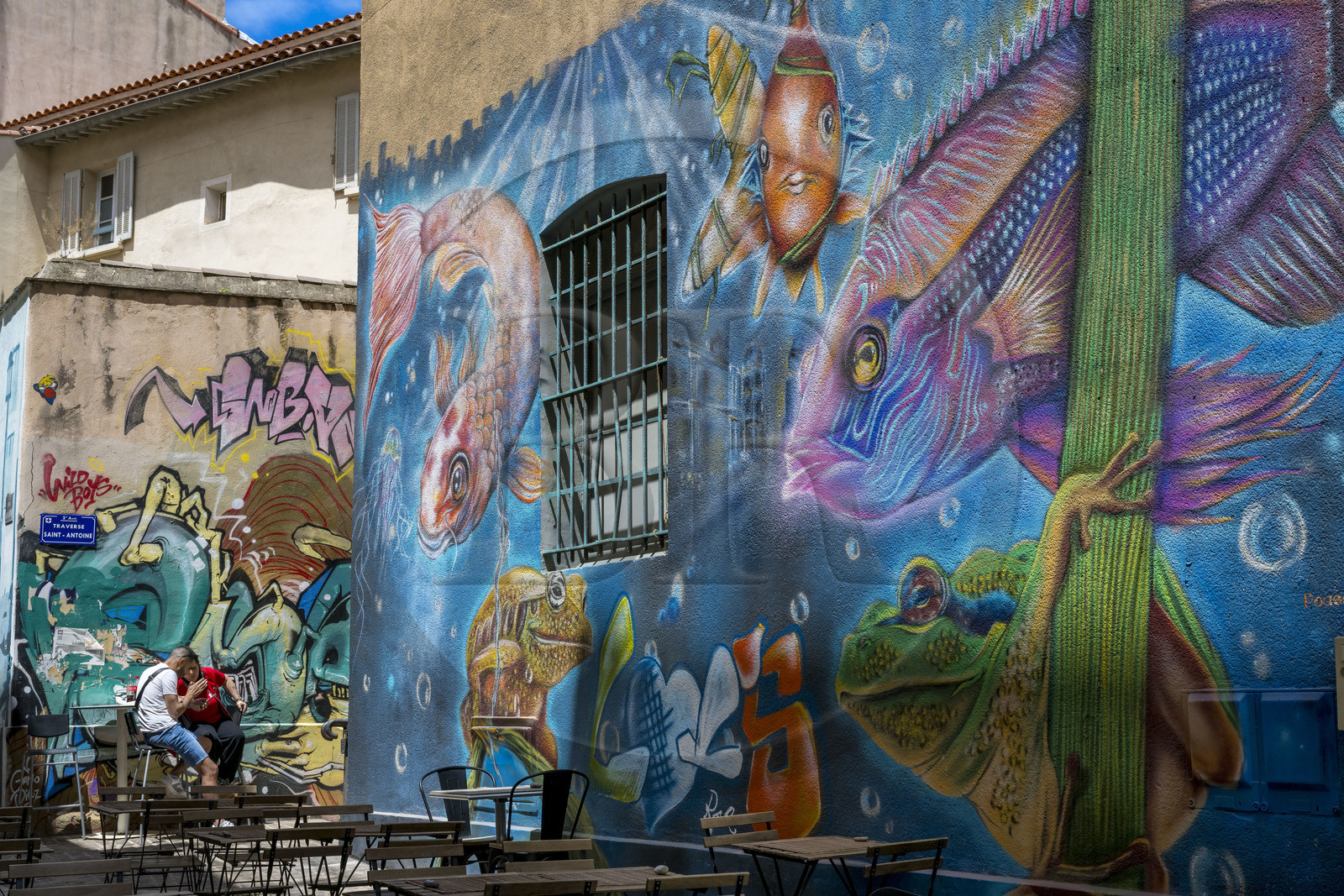 France, Bouches-du-Rhône (13), Marseille, quartier du Panier, peintures murales et graffitis dans la rue Saint-Antoine