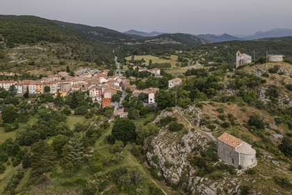 France, Var, Dracenie, Comps sur Artuby, Saint Jean Baptist chapel and St Andrew chapel (12th century) also called the Templar chapel, built in the 12th century by the Hospitallers of the Order of Saint John of Jerusalem (aerial view)
