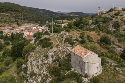 France, Var, Dracenie, Comps sur Artuby, Saint Jean Baptist chapel and St Andrew chapel (12th century) also called the Templar chapel, built in the 12th century by the Hospitallers of the Order of Saint John of Jerusalem (aerial view)