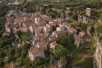 France, Var, the Dracenie, village of Chateaudouble overlooking the gorges on the Nartuby river (aerial view)