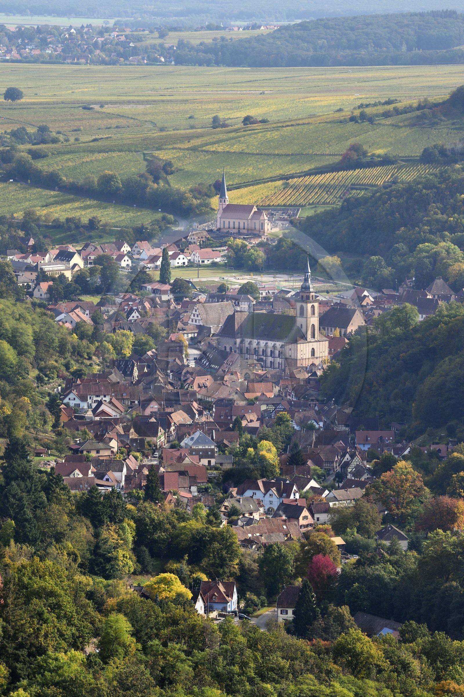 France, Bas-Rhin (67), Route des vins d'Alsace, Andlau, point de vue sur le village et l'église abbatiale Saint-Pierre-et-Saint-Paul (XIème-XVIIIème siècles) vu depuis le chateau de Spesbourg