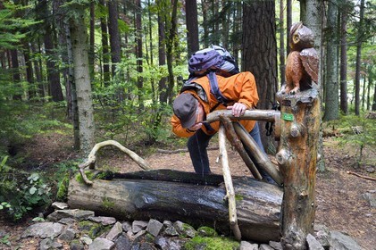 France, Haut-Rhin (68), Thannenkirch, randonnée dans le massif du Taennchel, Hubert Bihl du Club Vosgien devant une fontaine sculptées