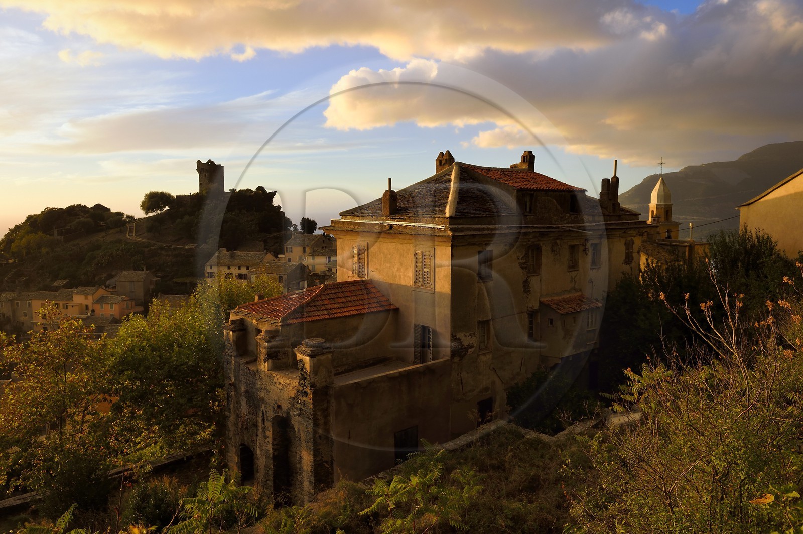 France, Haute Corse, Cap Corse, the hilltop village of Nonza and the Paoline Tower (Torra paolina)