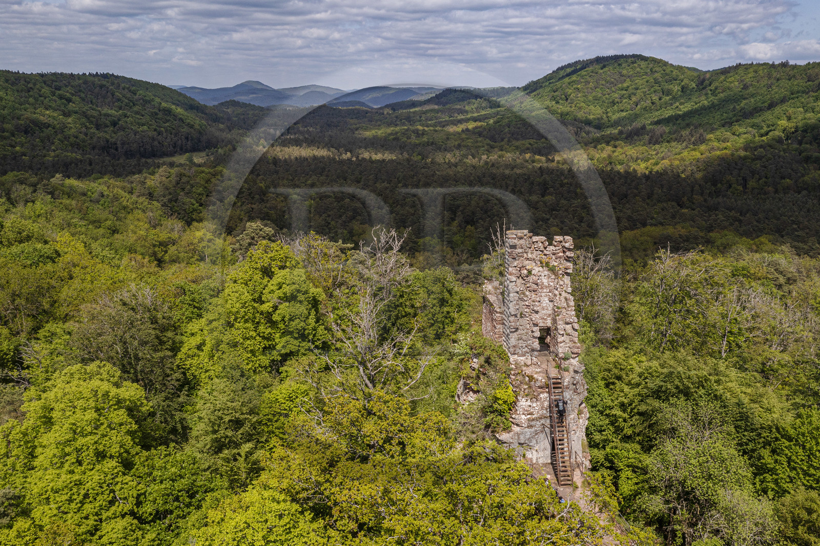 France, Bas-Rhin (67), Parc naturel régional des Vosges du Nord, Obersteinbach, foret domaniale de Steinbach, ruines du chateau de Lutzelhardt (vue aérienne)