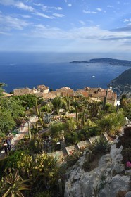France, Alpes-Maritimes, the hilltop village of Eze and its Exotic Garden, Saint-Jean-Cap-Ferrat in the background