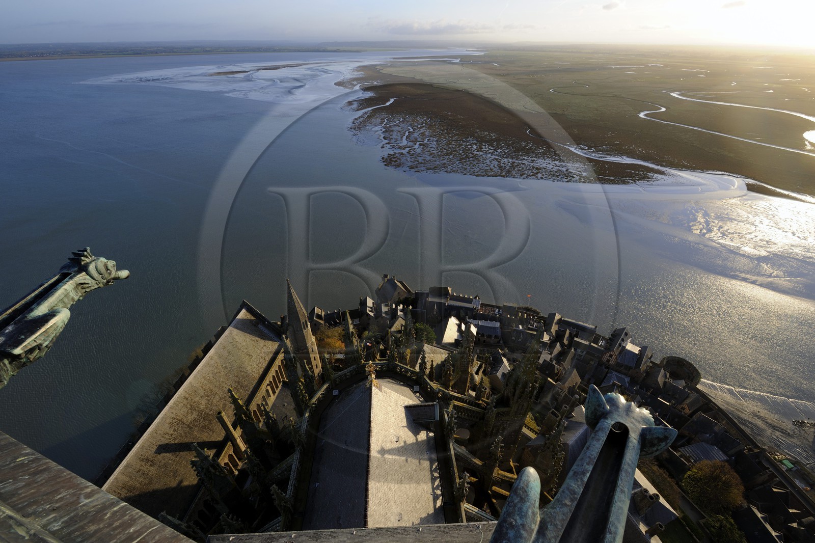 France, Manche, Mont Saint Michel, listed as World Heritage by UNESCO, Apse and the bay seen from the spire at dawn