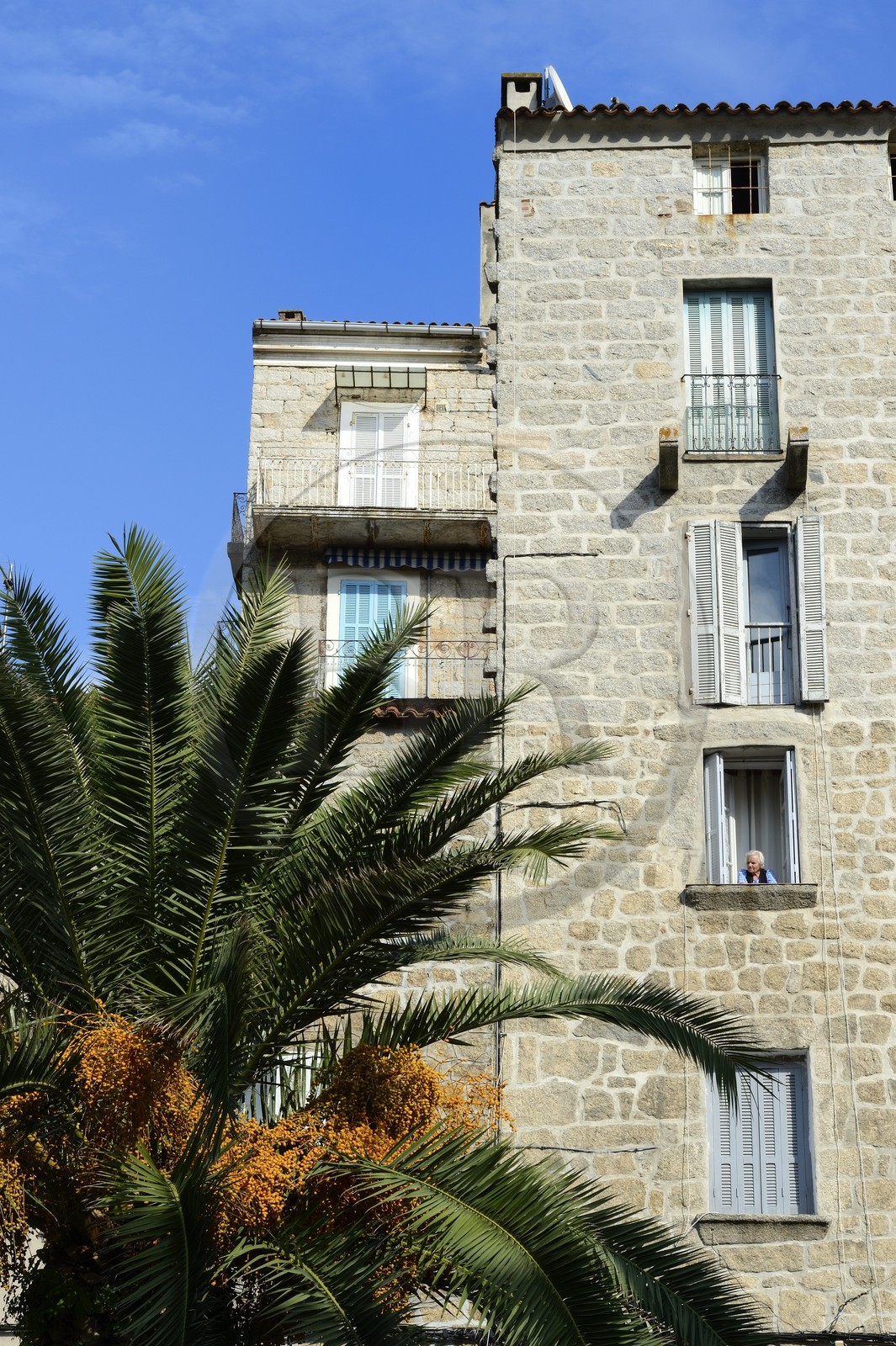 France, Corse-du-Sud (2A), Sartène, vieille femme à la fenêtre de son immeuble du quartier Sainte-Anne