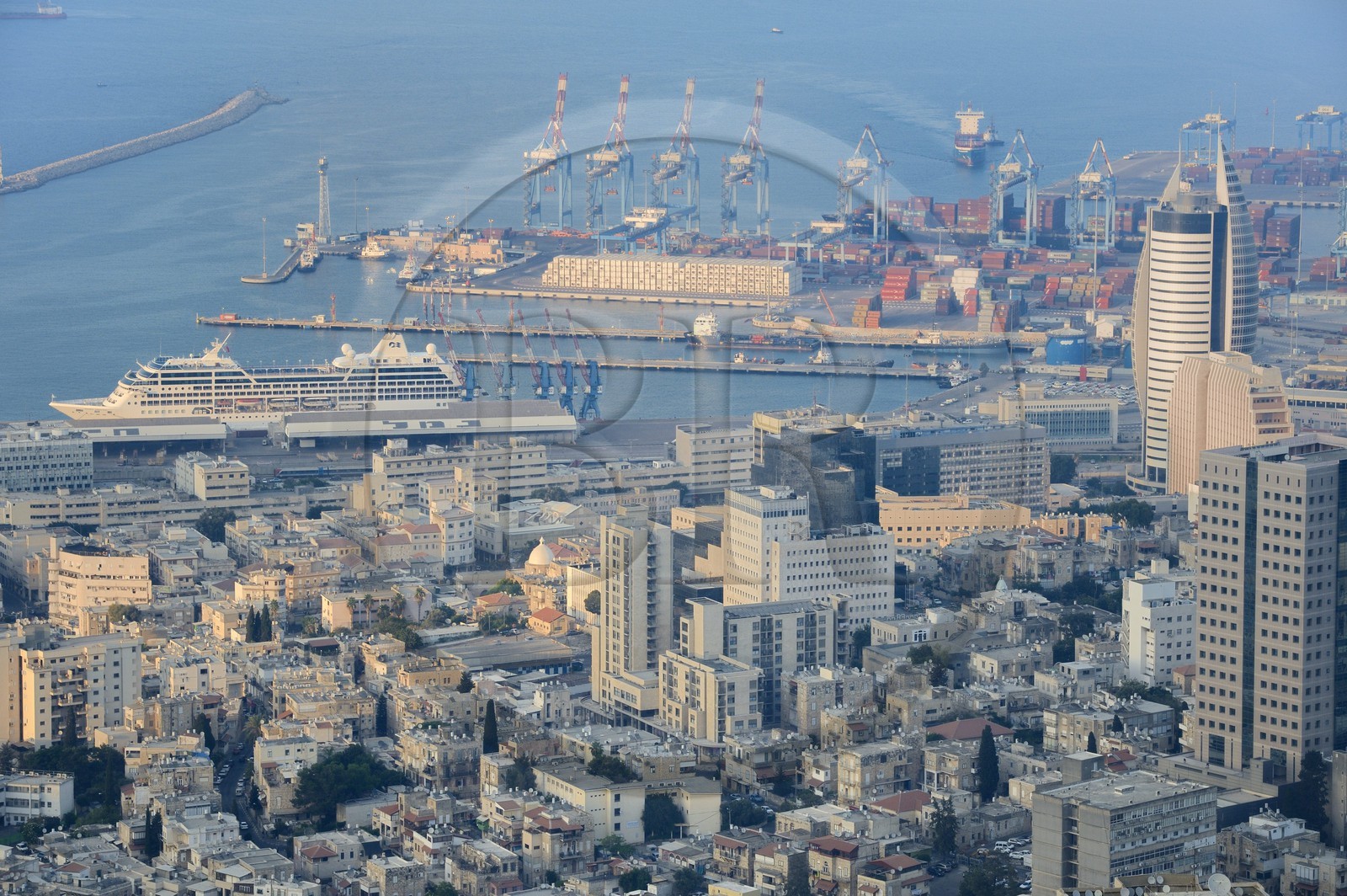 Israel, Haifa, downtown and the port seen from Mount Carmel