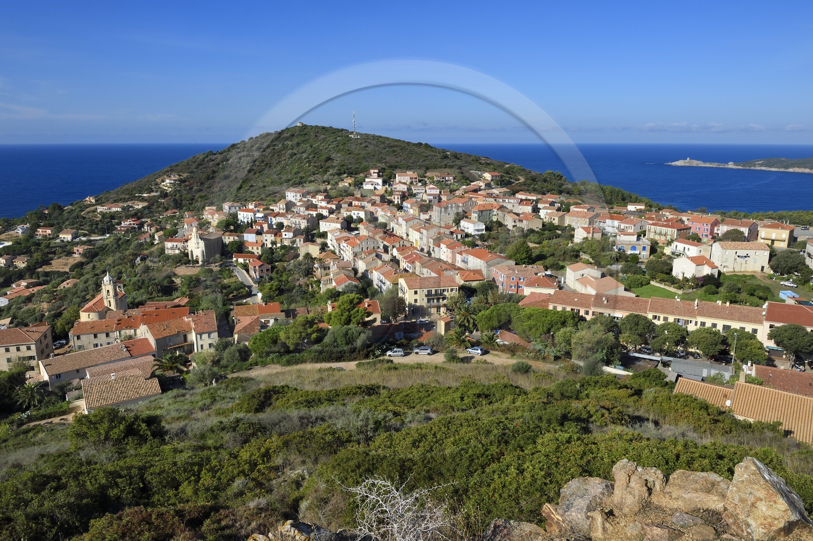 France, Corse du Sud, Cargese and the Genoese tower of the point of Omigna in the background