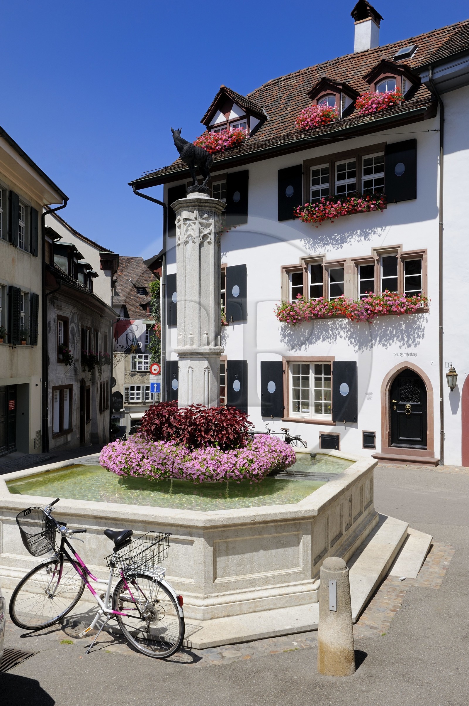 Suisse, Bâle, le vieux Bâle, petite fontaine à l'angle de la rue Gemsberg et Unterer Heuberg