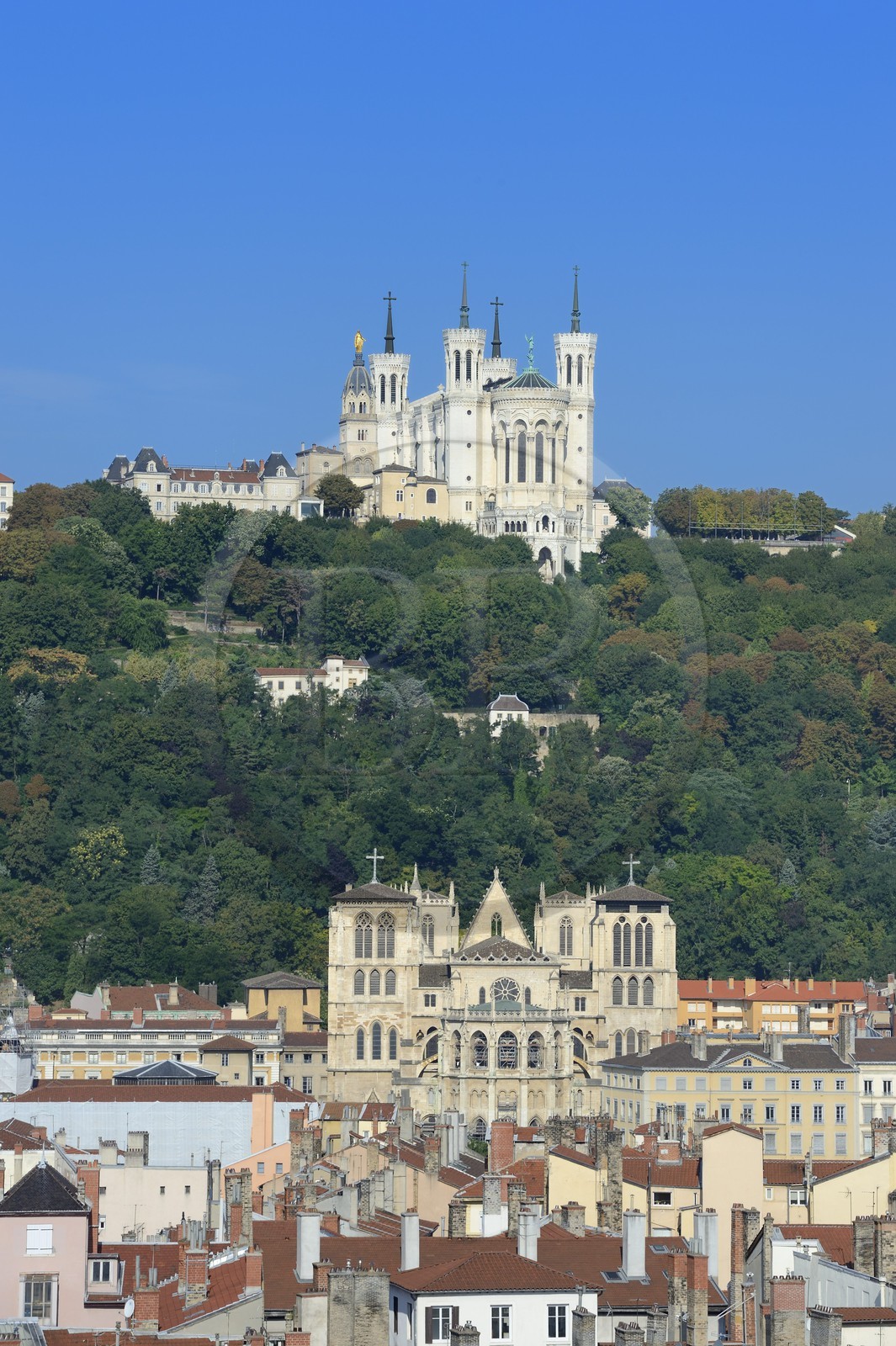 France, Rhone, Lyon, historical site listed as World Heritage by UNESCO, Saint Jean Cathedral (Saint John's Cathedral) in the Vieux Lyon (Old Town) overlooked by Notre Dame de Fourviere basilica